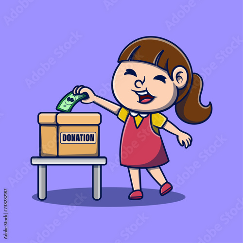 Charity box. Kids donate clothes, books, and accessories. The volunteer service team collects humanitarian parcels. Vector donation illustration
