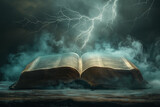 an open text from the ancient Bible with lightning striking in the background, illuminating the pages and creating a dramatic contrast.