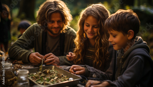 Smiling family enjoying nature  bonding over food generated by AI