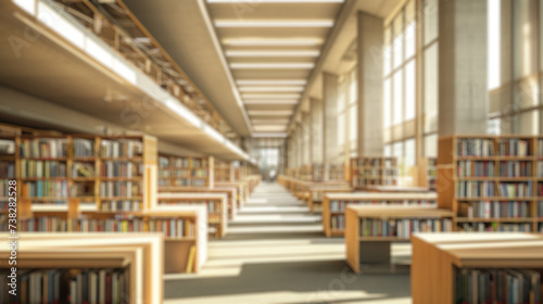 A softly blurred image of a library interior, featuring rows of bookshelves, reading tables, and a peaceful study atmosphere. A library with blurred outline. Resplendent. photo