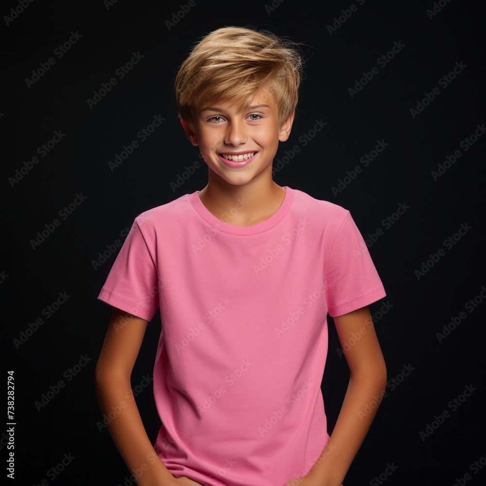 Smiling boy wearing pink T-Shirt Mockup on black studio background. Generative Ai Smiling boy wearing pink T-Shirt Mockup on black studio background. Generative Ai