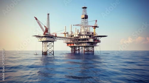 Offshore oil rig platform in open sea daylight, blue ocean with drilling equipment and structure