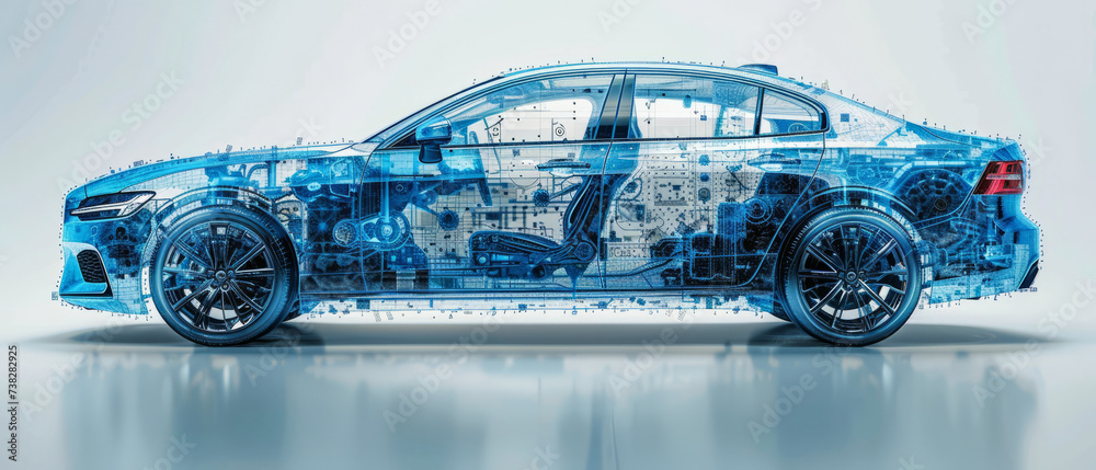 2D technical schematic of a car, blue and white,generative ai - obrazy, fototapety, plakaty 