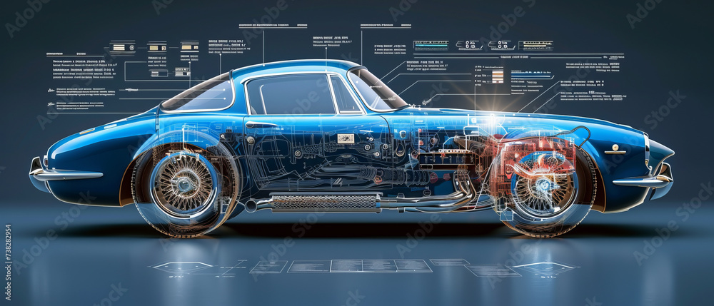 2D technical schematic of a car, blue and white,generative ai