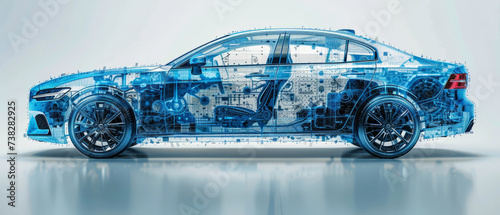2D technical schematic of a car, blue and white,generative ai photo