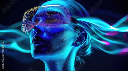 A woman gazes into a mesmerizing world of vibrant fractals, her futuristic goggles illuminating the boundless possibilities of light in art