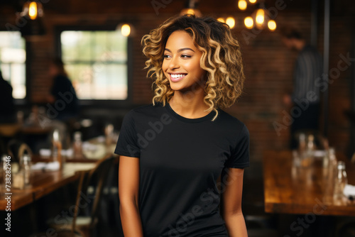 Smiling Girl wearing black T-Shirt Mockup on white studio background. Generative Ai