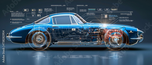 Obraz na płótnie 2D technical schematic of a car, blue and white,generative ai w salonie
