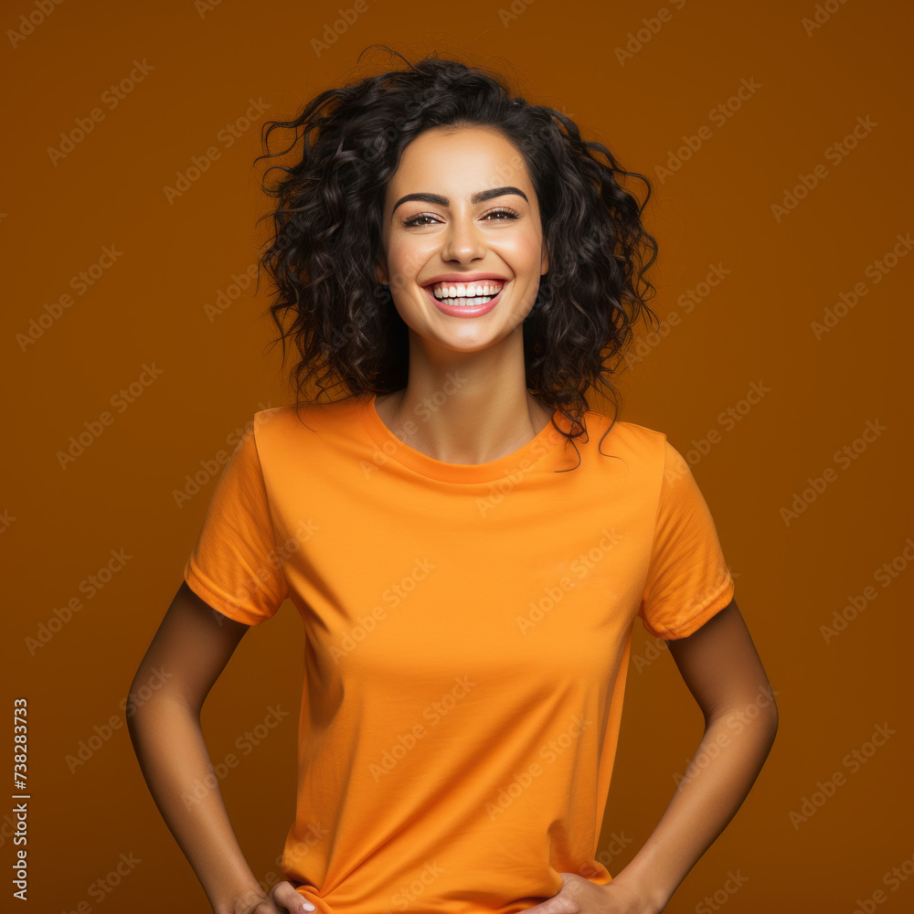 Smiling Girl wearing orange T-Shirt Mockup on white studio background. Generative Ai Smiling Girl wearing orange T-Shirt Mockup on white studio background. Generative Ai