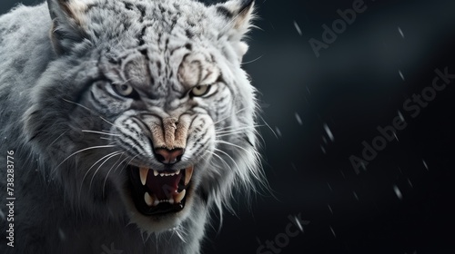 Close-up of the head of an aggressive lynx ready to attack. Wild animal in monochrome style. Illustration for cover, card, postcard, interior design, banner, poster, brochure or presentation. © Login