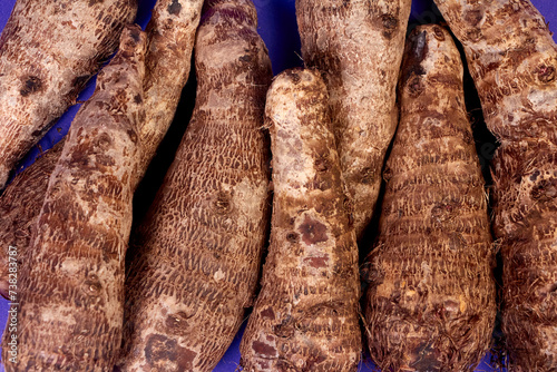 closeup of taro root vegetable, eddo malanga, purple background