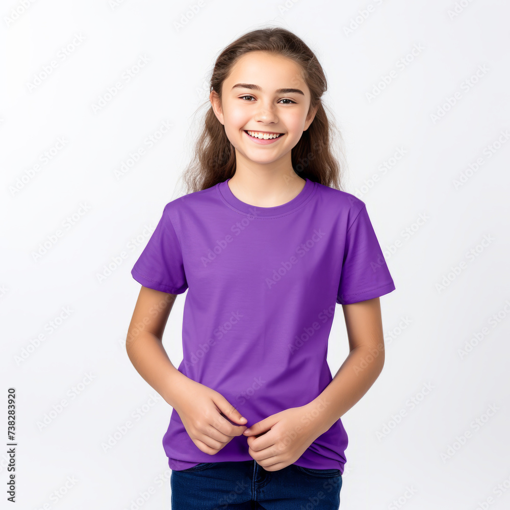 Smiling Girl wearing purpple T-Shirt Mockup on white studio background. Generative Ai Smiling Girl wearing purpple T-Shirt Mockup on white studio background. Generative Ai