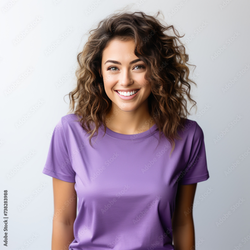 Smiling Girl wearing purpple T-Shirt Mockup on white studio background. Generative Ai Smiling Girl wearing purpple T-Shirt Mockup on white studio background. Generative Ai