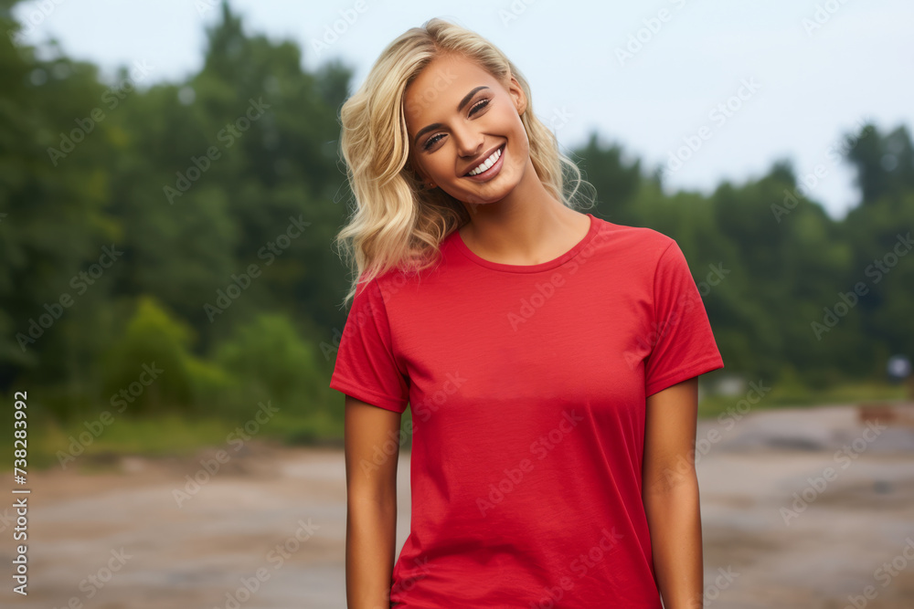 Smiling Girl wearing red T-Shirt Mockup on white studio background. Generative Ai Smiling Girl wearing red T-Shirt Mockup on white studio background. Generative Ai