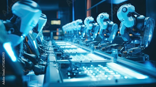 A group of robots working on high-tech equipment. Robotized manufacturing. Artificial intelligence. Science fiction. A futuristic worker. Selective focus. Illustration for advertising or presentation.