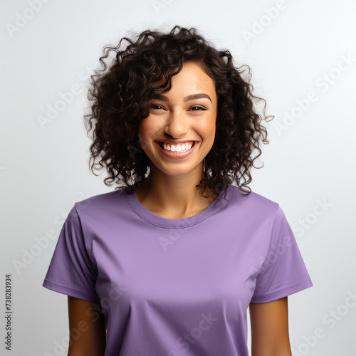 Smiling Girl wearing purpple T-Shirt Mockup on white studio background. Generative Ai photo