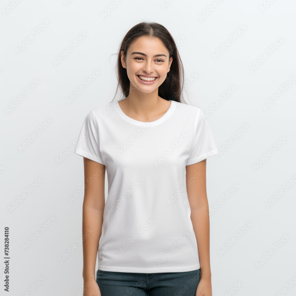 Smiling Girl wearing white T-Shirt Mockup on white studio background. Generative Ai Smiling Girl wearing white T-Shirt Mockup on white studio background. Generative Ai