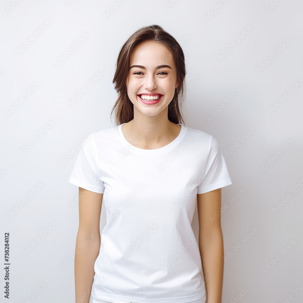 Smiling Girl wearing white T-Shirt Mockup on white studio background. Generative Ai Smiling Girl wearing white T-Shirt Mockup on white studio background. Generative Ai