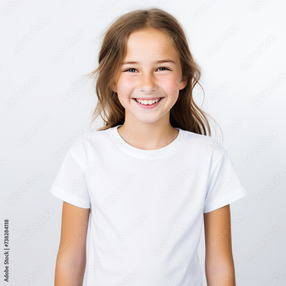 Smiling Girl wearing white T-Shirt Mockup on white studio background. Generative Ai Smiling Girl wearing white T-Shirt Mockup on white studio background. Generative Ai