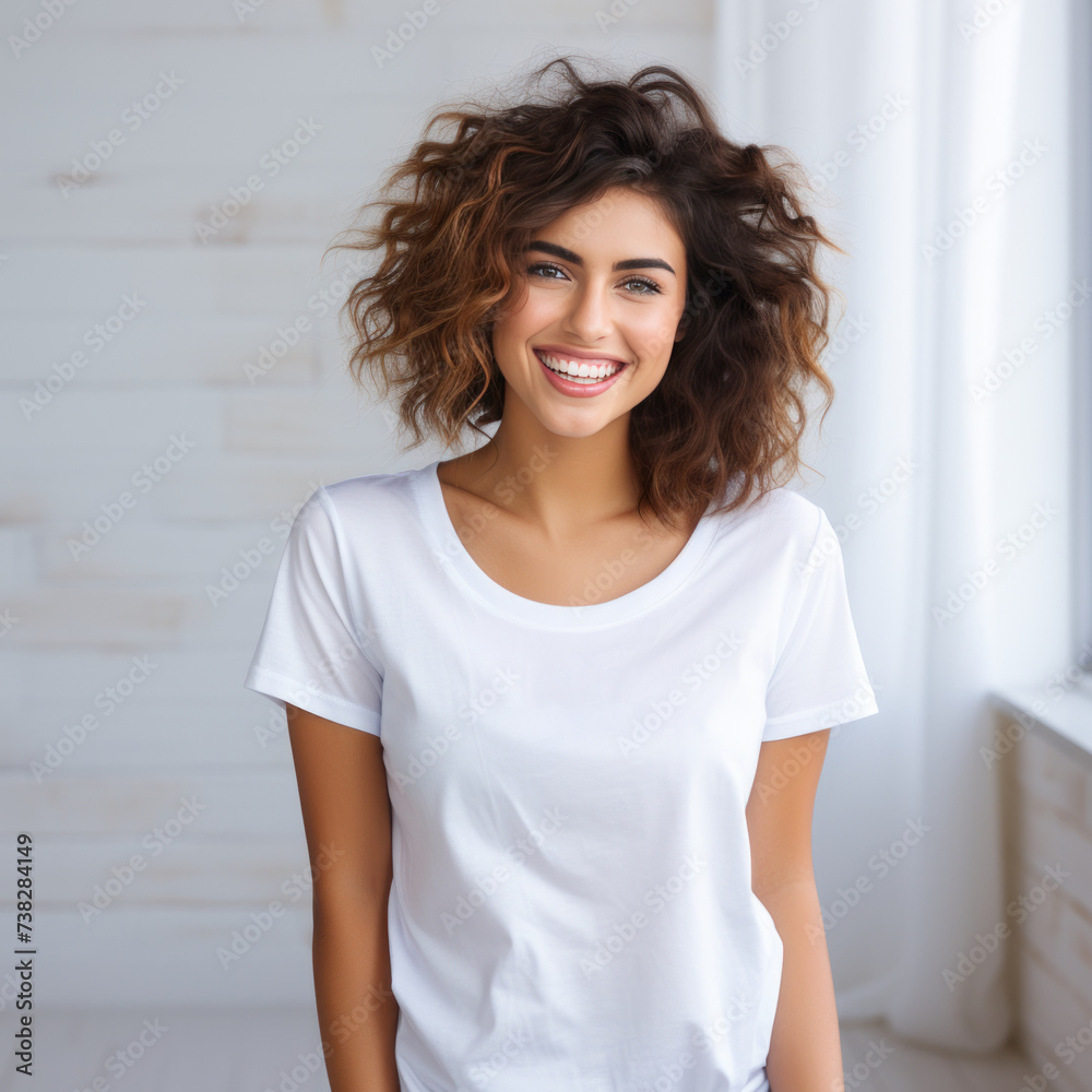Smiling Girl wearing white T-Shirt Mockup on white studio background. Generative Ai Smiling Girl wearing white T-Shirt Mockup on white studio background. Generative Ai