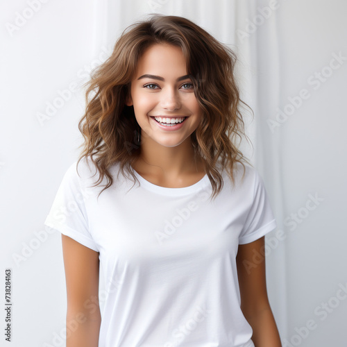 Smiling Girl wearing white T-Shirt Mockup on white studio background. Generative Ai