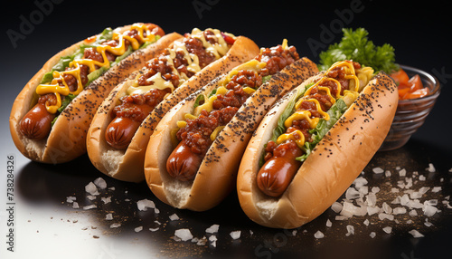 Grilled beef hot dog on bun with ketchup and onion generated by AI