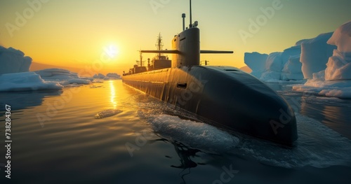 The Majestic Presence of a Nuclear Submarine in Arctic Waters Amidst Icebergs photo