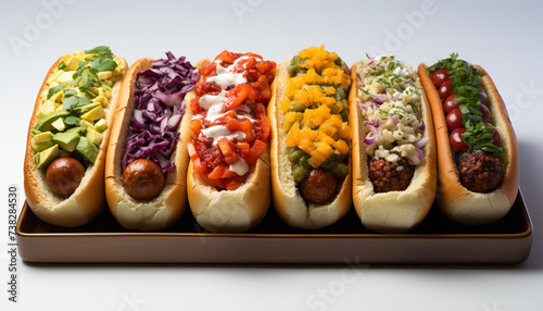 Grilled hot dog on bun with onion, tomato, and ketchup generated by AI