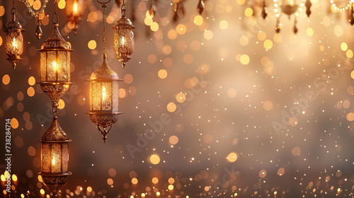 islamic greeting ramadan kareem and eid mubarak card design background with lanterns   lamps and lights