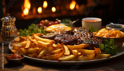Grilled meat, fries, and sauce on rustic wooden plate generated by AI