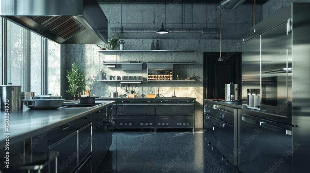 Fototapeta premium Sleek modern kitchen with stainless steel appliances