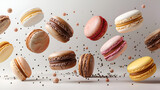 Various colorful of macarons floating on the air isolated on clean png background, Desserts sweet cake concept, with Generative Ai.
