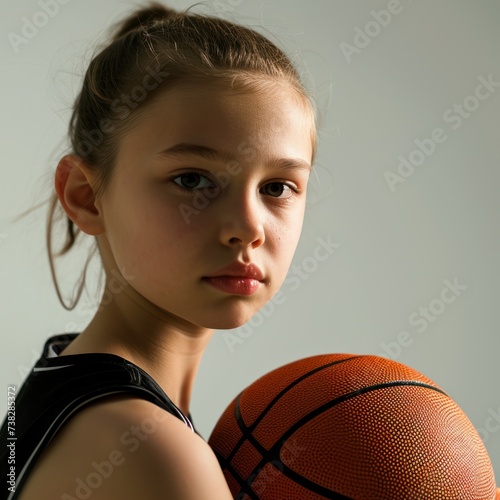 A sporty and attractive teenage girl in a basketball uniform holds a ball, representing the energy and enthusiasm of youth in competitive sports. © Neuraldesign