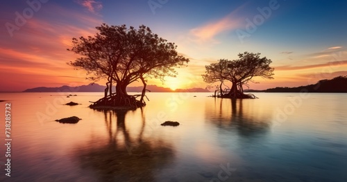 A Beautiful Landscape Where Mangrove Trees and Colorful Sunsets Merge in Harmony
