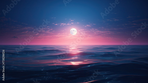 A sense of romance and tranquility, a breathtaking full moon scene over the sea, gracefully transitioning from day to night background Ai Generative © SK