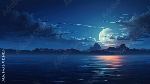 A sense of romance and tranquility, a breathtaking full moon scene over the sea, gracefully transitioning from day to night background Ai Generative