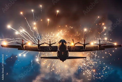 A Military Aircraft Releases Flares In A Dazzling Display Of Lights Against The Twilight Sky,