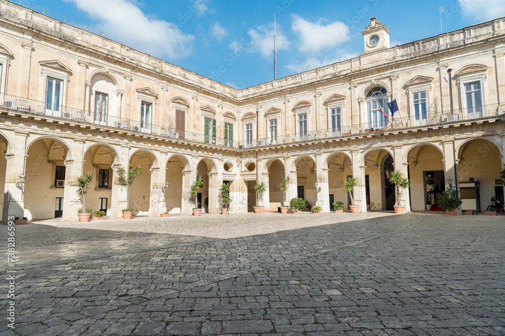 View of the Prefecture building in the historic center of Lecce, Puglia, Italy

