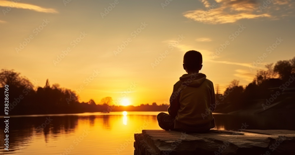 A Young Boy's Silhouette Sits in Quiet Contemplation on a Bridge, Gazing into the Sunset