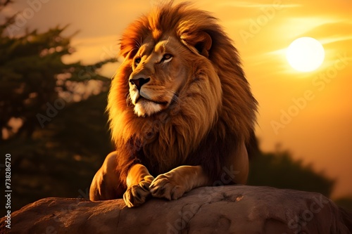 Serene Sunset: The Majestic Lion Bathed in Golden