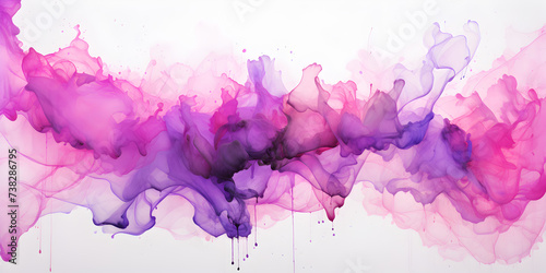 Abstract pink and purple acrylic paint splashes on white background 