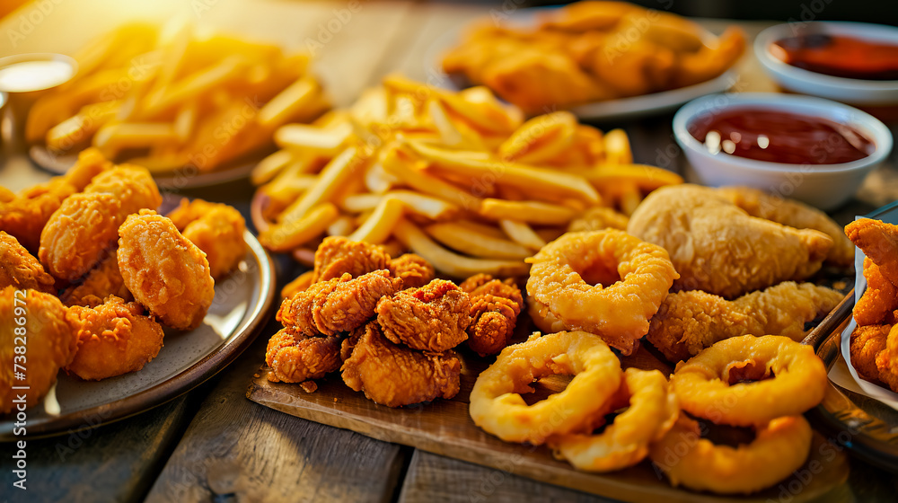 Fast food meals: onion rings, french fries, chicken nuggets and fried chicken on wooden table, top view. Fast food meals: onion rings, french fries, chicken nuggets and fried chicken on wooden table, top view.
