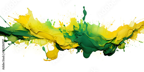 Abstract green and yellow acrylic paint splashes on white background 