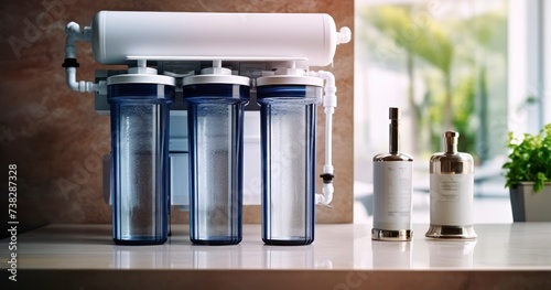 Installed water purification filters. Reverse osmosis water purification system at home photo