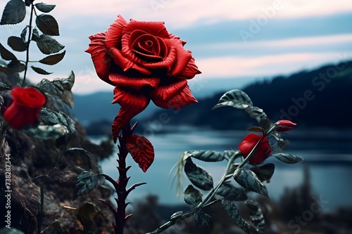 Velvet Vista Close-Up of Red Rose with Scenic Background photo