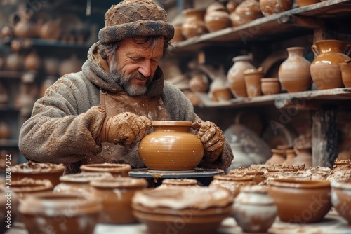 Pottery workshop scene: Talented artist shaping a beautiful vase on the pottery wheel. photo