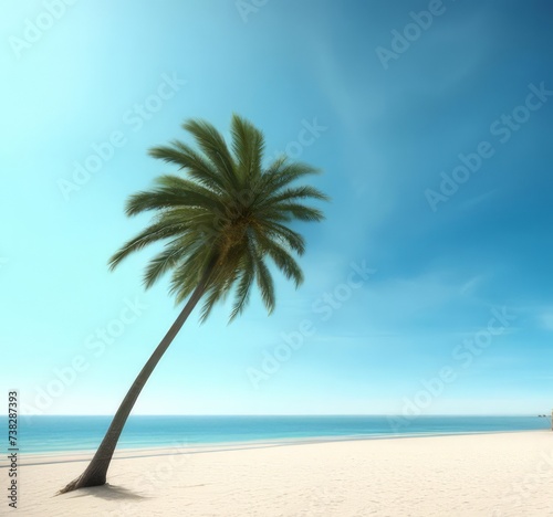Background with a lonely palm tree on a sandy beach.