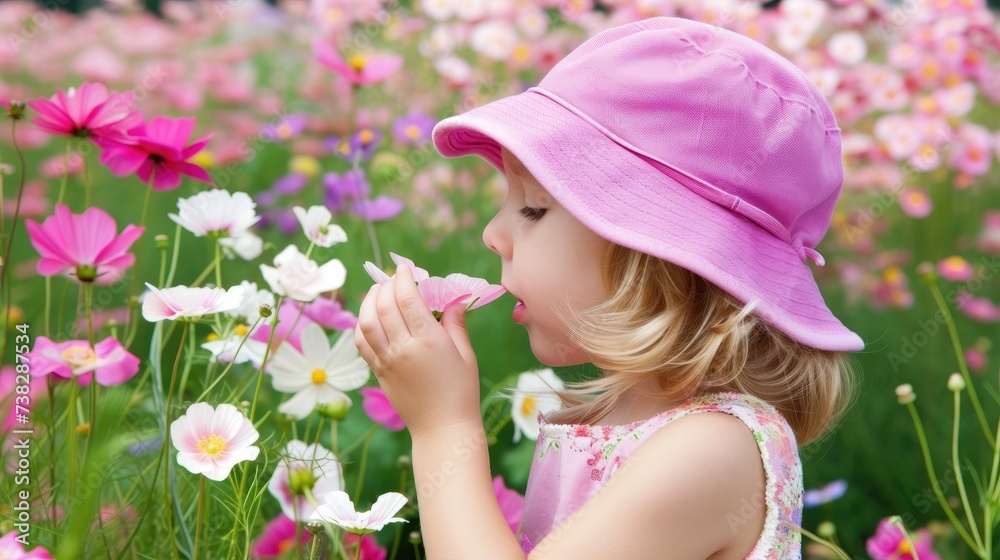 Fototapeta premium portrait of a girl in a pink hat sniffing flowers. The child enjoys nature.