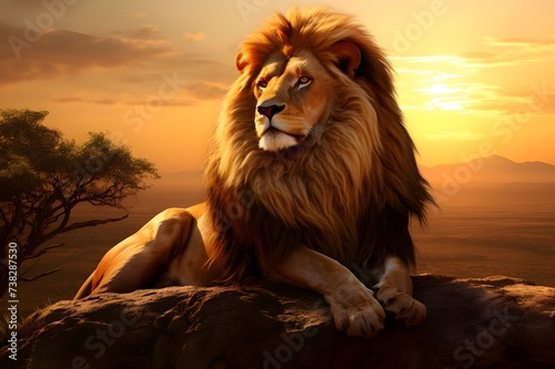Serene Sunset: The Majestic Lion Bathed in Golden photo