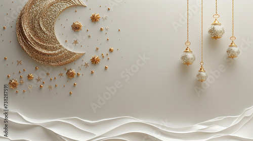 Ramadan Kareem and eid greeting card with background islamic symbol crescent moon and lantern lights, white background, photo